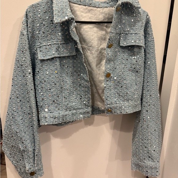 Jackets & Blazers - Light Blue Cropped denim Jacket sequins